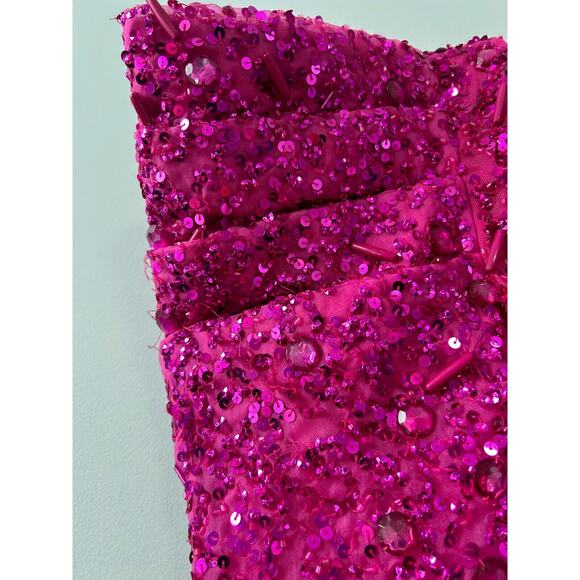 Mac Duggal Hot Pink Beaded Sequined Puff Sleeve One Shoulder Gown Dress Size 10 - Picture 9 of 16